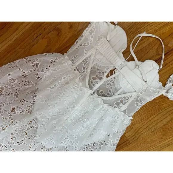 For Love & Lemons Romi Midi‎ Dress in White Small Floral Eyelet Puff Sleeve